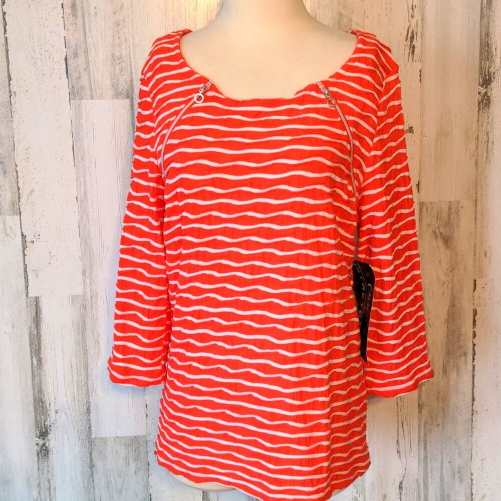 ONQUE CASUAL Orange Striped Textured Zipper Top Large NEW Resortwear